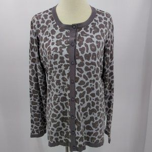 Dennis Basso Size Large Cardigan Sweater Gray Animal Print Button Up